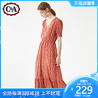 C&A气质V领波点印花荷叶边度假风长裙女2020夏季CA200229637-RD