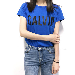 Calvin Klein卡文克莱 女士纯色休闲修身显瘦胸前印花字母LOGO短袖T恤 美码偏大一码