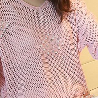 亚瑟魔衣镂空针织衫女2018夏装新款韩版短袖宽松罩衫套头蝙蝠衫上衣SH-1610 粉色 均码
