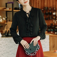 欧偲麦 女衬衫长袖2018雪纺衫女新款衬衣女秋季蝴蝶结打底衫女士上衣韩版休闲宽松 ZY-8830180 黑色 M