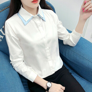 朗悦女装 长袖衬衫女2019春季新款韩版双色领衬衣学生打底衫LWCC187431T 白色 S