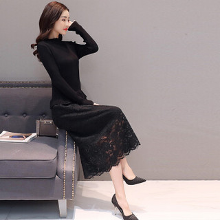 米兰茵 MILANYIN 女装 2019年春季新款款H型半高领假两件修身显瘦气质韩版连衣裙 ML19124 黑色 L
