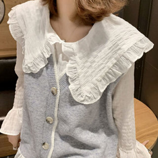 亚瑟魔衣针织马甲衬衫两件套韩版娃娃领喇叭袖白衬衣V领毛衣背心套装T-862 灰色 均码