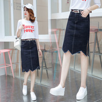 AUDDE 2019春季新款女装新品牛仔半身裙女时尚中长款韩版高腰不规则a字一步裙 HZD09-8657 牛仔蓝 XL