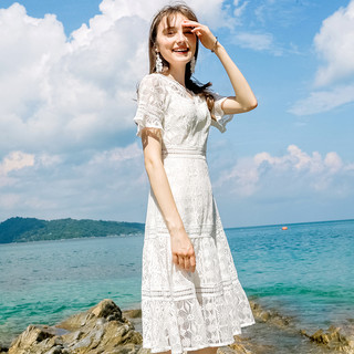 CÉCILELITE 女士蕾丝V领修身连衣裙 白色S