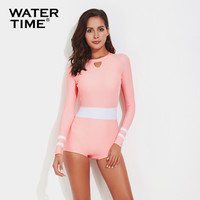 Watertime蛙咚 女游泳衣 水母衣潜水浮潜服 显瘦遮肚性感运动泳衣 连体纯色长袖冲浪服防晒衣 粉色 L