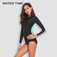 Watertime蛙咚 女游泳衣 水母衣潜水浮潜服 显瘦遮肚保守运动泳衣 分体印花长袖冲浪服防晒衣 黑/绿色套装 XL