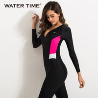 Watertime蛙咚 长袖连体泳衣 水母衣潜水浮潜服 保守冬泳保暖防寒运动泳衣 连体拼接长袖冲浪服 920124 粉色拼接款 L