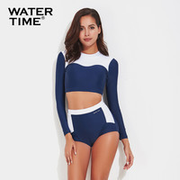 Watertime蛙咚 女游泳衣 水母衣潜水浮潜服 显瘦性感运动泳衣 分体拼接长袖套装冲浪服防晒衣 深蓝色 M