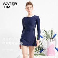 WATERTIME/蛙咚 泳衣女2020新款保守裙式连体长袖泳装女遮肚显瘦温泉浮潜水游泳衣 藏蓝色 M