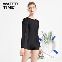 WATERTIME/蛙咚 连体泳衣女长袖保守遮肚温泉游泳衣保暖显瘦防晒运动泳衣 黑灰色 M