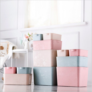 （收纳四件套）莱朗 家用印花塑料收纳箱 衣物玩具零食整理箱 客厅杂物储物箱带盖 粉色