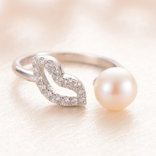 京润 爱吻 S925银镶淡水珍珠戒指   白色 圆形 开口圈 时尚简约 6-7mm