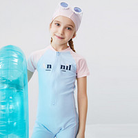 安奈儿童装女童连体泳衣短袖2020夏季女孩连体泳衣套装泳帽星辰蓝160