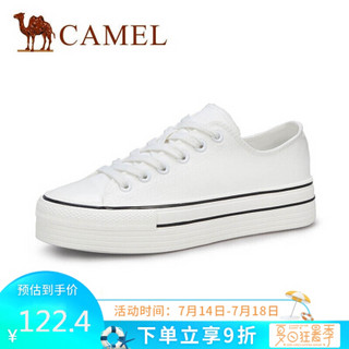 骆驼（CAMEL） 女士 简约百搭纯色圆头系带厚底帆布鞋 A01228634 白色 36