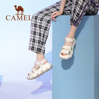 骆驼（CAMEL） 女鞋 创意时尚三川式魔术贴厚底运动凉鞋 A025256136 米色 36