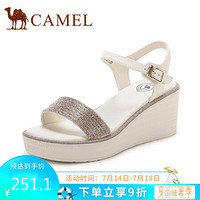 骆驼（CAMEL） 女鞋 气质闪闪一字带水钻扣带坡跟凉鞋 A020076196 象牙白 39