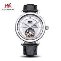 上海(SHANGHAI)手表 御驰系列中心式手动陀飞轮男表高端鳄鱼皮带日历商务腕表 白盘