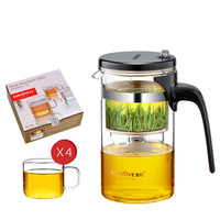 金灶(KAMJOVE)玻璃茶具整套 一壶4杯加厚耐热玻璃可拆卸飘逸杯一键过滤泡茶壶茶杯500ml