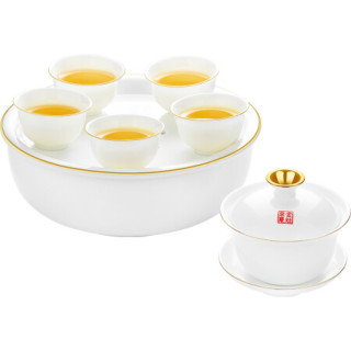 KAMJOVE 金灶 功夫茶具 带蓄水盘描金工艺白瓷整套茶器一盖碗五小杯礼品礼盒包装 KP-139