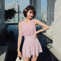 亦美珊 YI MEI SHAN泳衣女2019新款仙女范保守连体遮肚显瘦学生裙式小清新平角游泳衣 199066 浅粉色 S