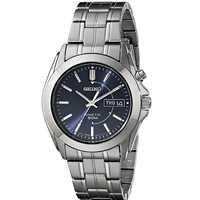 SEIKO 精工 KINETIC系列 SMY111 男士石英手表 37mm 蓝盘 银色不锈钢表带 圆形
