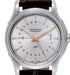 HAMILTON 汉米尔顿 爵士系列 Traveler GMT H32585 557 男款机械表 42mm 银色 不锈钢 棕色 皮质