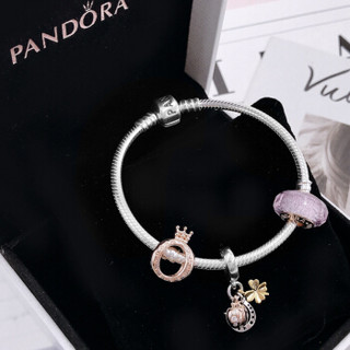 PANDORA 潘多拉 粉色闪烁琉璃串珠玫瑰金色皇冠字母四叶草与瓢虫925银手链 XZT0086-18