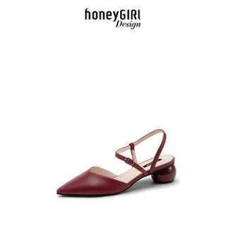 honeyGIRL2019夏季新款包头凉鞋女仙女风尖头鞋子粗跟网红高跟鞋 酒红色 37