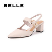 Belle/百丽2019夏新商场同款羊皮革/超纤女中后空粗跟凉鞋T9Z1DBH9 米白 38