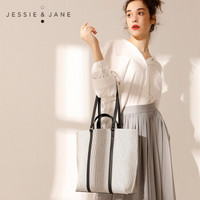 JESSIE&JANE女包帆布包2732简约条纹手提包单肩包托特包 白色