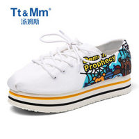 Tt&Mm/汤姆斯涂鸦小白鞋女鞋夏季新款松糕帆布鞋厚底低帮布鞋 白色 36
