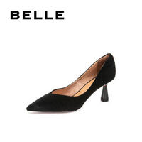 BELLE/百丽女鞋高跟鞋新款菠萝纹弹力绒尖头OL通勤单鞋19269AQ9 黑色 36