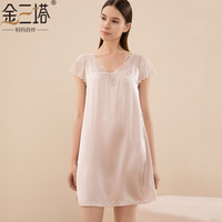 金三塔睡衣女重磅真丝蕾丝拼接V领睡裙家居服YSF9B310