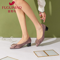 富贵鸟（FUGUINIAO）女鞋反绒皮浅口气质女士单鞋粗跟增高小皮鞋FGA20XD002 粉色 35