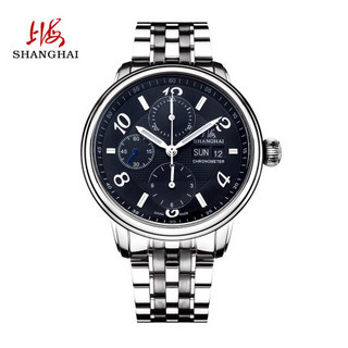 上海(SHANGHAI)手表 剪影系列自动机械表休闲商务多功能计时码表精钢防水男表 SH9001NB-1
