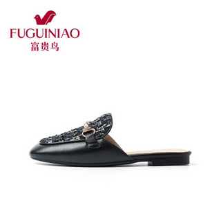富贵鸟（FUGUINIAO）女士单鞋平跟外穿半拖鞋女生韩版休闲包头懒人鞋FGA20XD004 黑色 40
