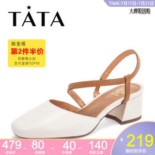 Tata/他她专柜同款牛皮革一字带方头粗跟女凉鞋FEF02AH9 米/棕 34