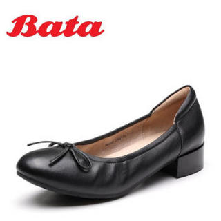 Bata/拔佳春新款专柜同款蝴蝶结浅口纯色粗中跟羊皮革女单鞋NBS02AQ9 黑色 37