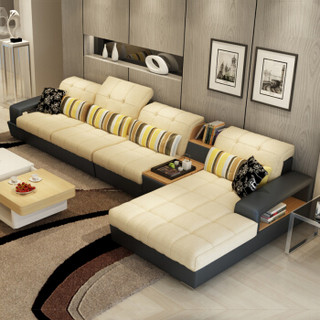 华纳斯（HUANASI） 华纳斯 沙发 皮艺沙发 布艺沙发组合 客厅转角沙发组合 深黑+米黄 双人位+左贵妃