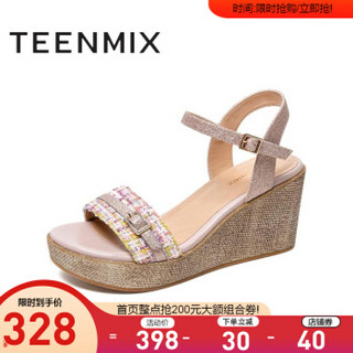 Teenmix/天美意商场同款闪片扣带小香风女凉鞋CC420BL9 粉色 37