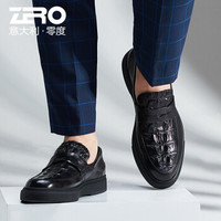 Zero零度休闲皮鞋男 春秋季新款鳄鱼纹头层牛皮真皮商务休闲鞋套脚驾车鞋豆豆鞋 经典黑 40
