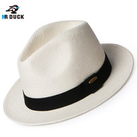 mrduck 纯手工编织帽子男潮夏天防晒男士草帽白色巴拿马帽男英伦礼帽男夏季大帽檐遮阳帽大头围太阳帽 MS186108-米白（小边） 加大码(60cm或以上头围)