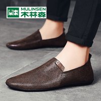 木林森男鞋夏季潮鞋男士休闲皮鞋透气英伦真皮豆豆鞋男懒人一脚蹬