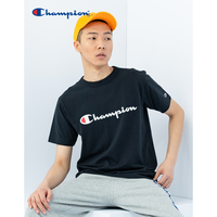 Champion情侣款夏季印花草写LOGO圆领短袖T恤男女 黑色 L