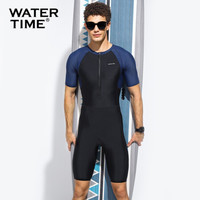 Watertime蛙咚 潜水服 男 水母衣男士浮潜服 连体短袖五分裤冲浪服防晒泳衣 黑蓝色-连体 S