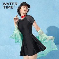 WATERTIME/蛙咚 泳衣女2020新款保守裙式连体短袖泳装女遮肚显瘦温泉浮潜水游泳衣 黑灰色 L