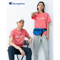 Champion 冠军情侣款夏季印花草写LOGO圆领短袖T恤男女 粉红色 L