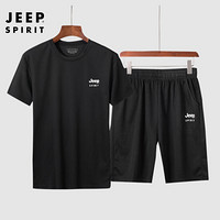 吉普JEEP 套装男休闲2020春夏青年潮男士宽松运动套装T恤短裤两件套时尚 JHL2989TZ  黑色 XL