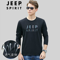 吉普 JEEP 秋季2020男士薄款打底衫时尚休闲圆领印花长袖T恤男装 TX14505006 黑色 M